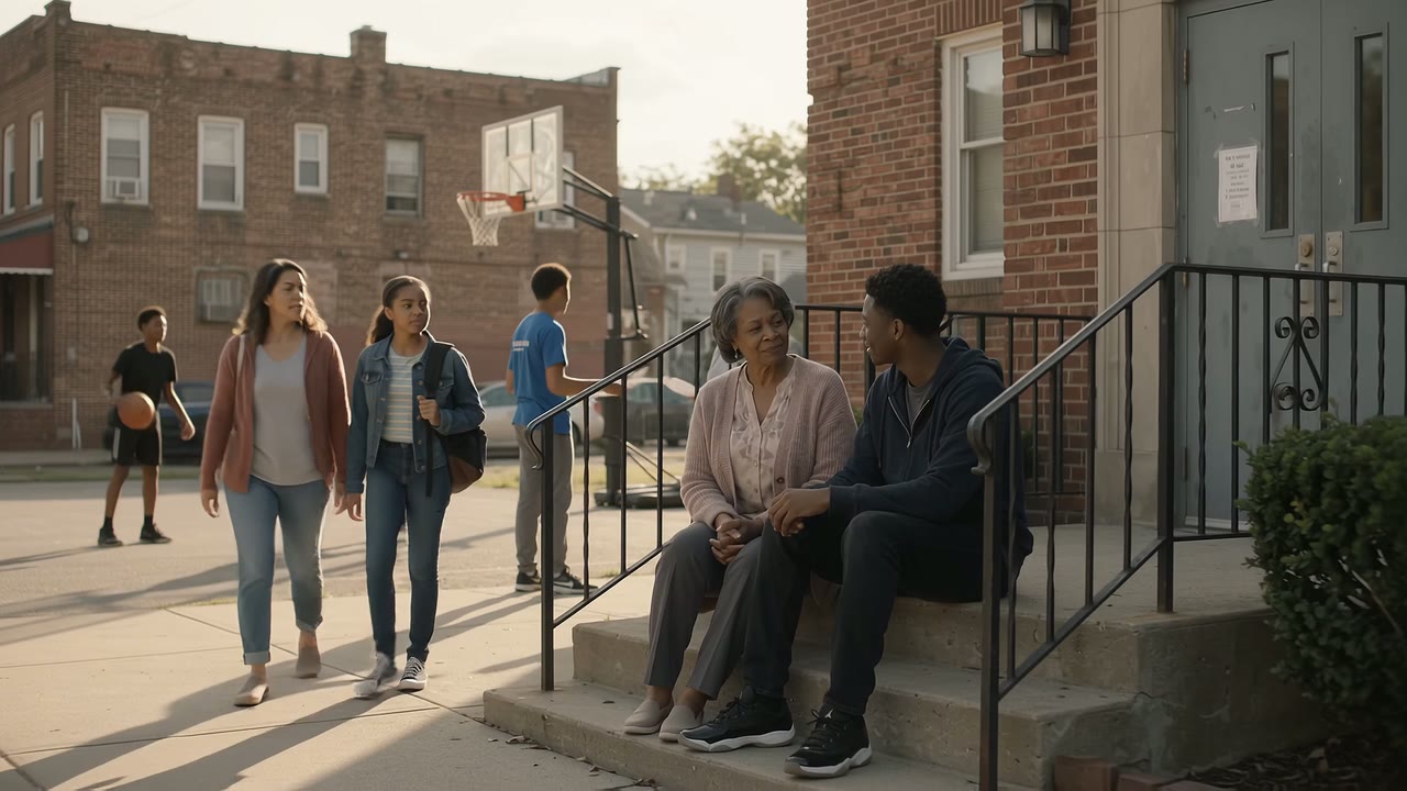 Neighbors learning together around a community table