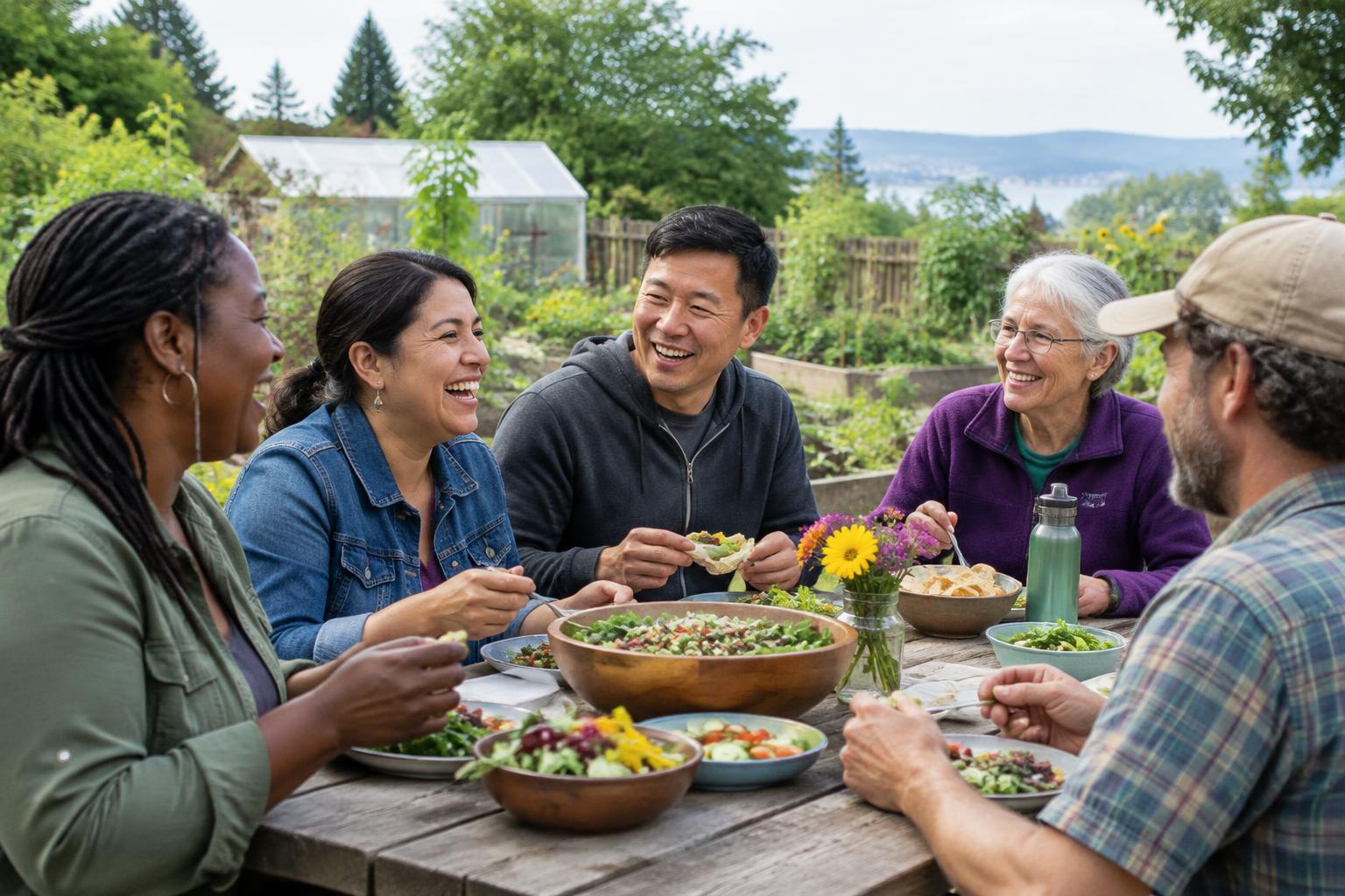 Neighbors sharing a meal in a community garden